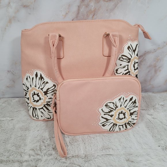 Pink Floral Handbag Tote & Wristlet Wallet Bundle Spring Summer Garden - Picture 2 of 12